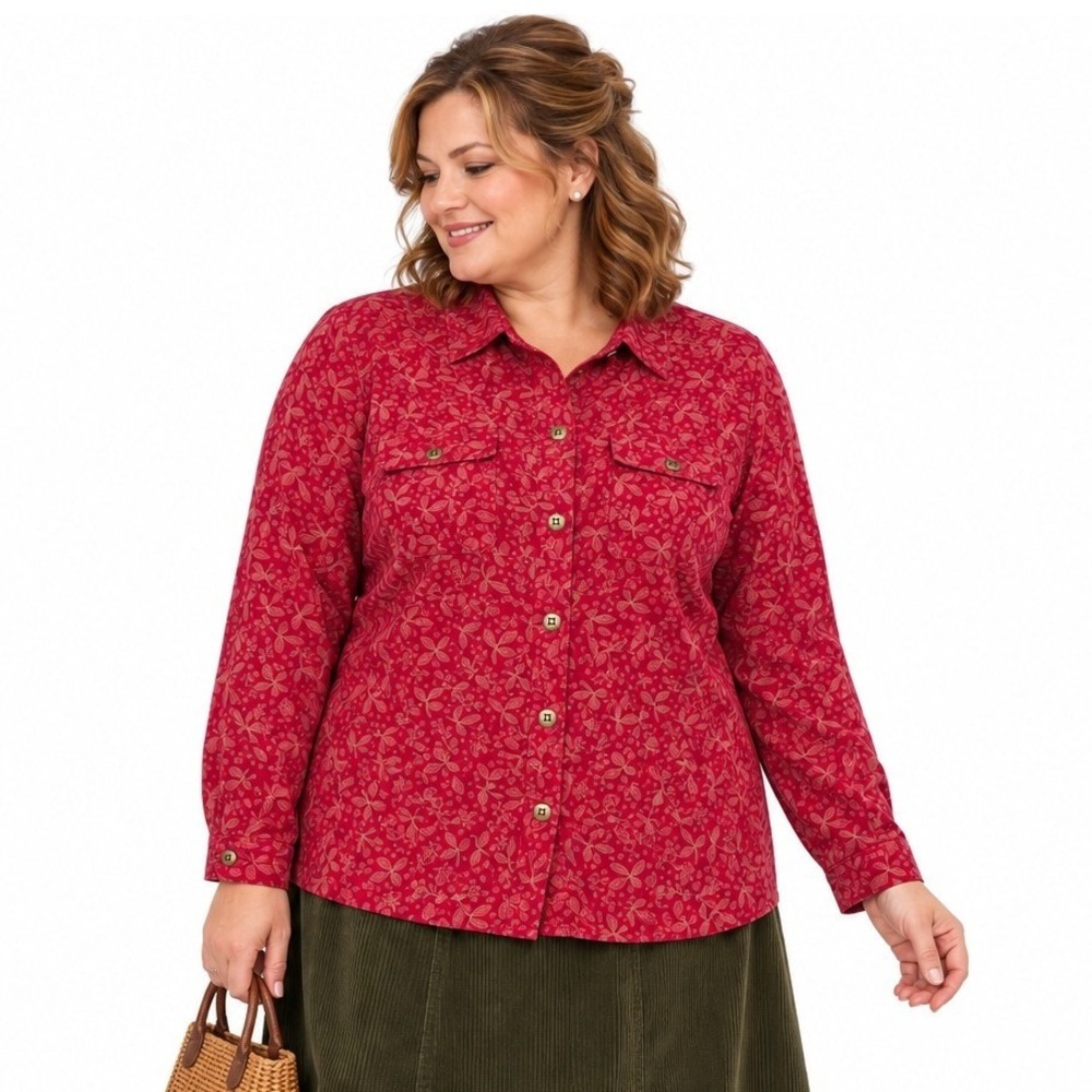Botanical Print Button Front Shirt 2X Red Stretch Cottagecore Floral Pockets